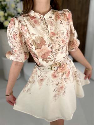 İthal Şifon Kumaş Kaplama Kemerli Çiçek Desen Elbise