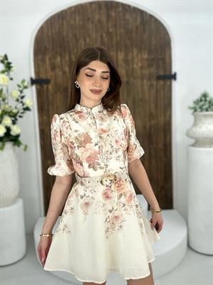 İthal Şifon Kumaş Kaplama Kemerli Çiçek Desen Elbise