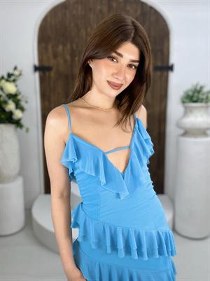 İthal Şifon Kumaş Volanlı Tasarım Elbise Bebe Mavisi