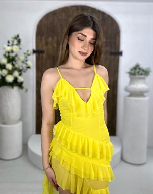 İthal Şifon Kumaş Volanlı Tasarım Elbise