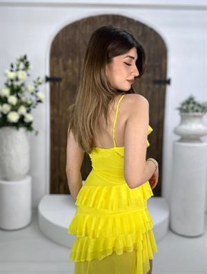 İthal Şifon Kumaş Volanlı Tasarım Elbise