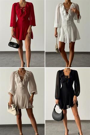 İthal Şifon Kumaş Yaka Volanlı Kloş Tasarım Elbise