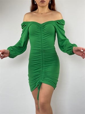 Jakarlı Kumaş Boy Ayarlanabilir Asansör Büzgülü Elbise