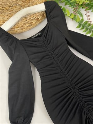 Jakarlı Kumaş Boy Ayarlanabilir Asansör Büzgülü Elbise