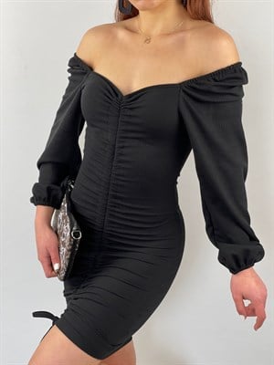 Jakarlı Kumaş Boy Ayarlanabilir Asansör Büzgülü Elbise