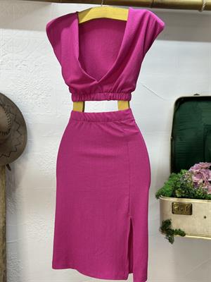 Jakarlı Kumaş Renkli Vatkalı Bluz Etek İkili Takım