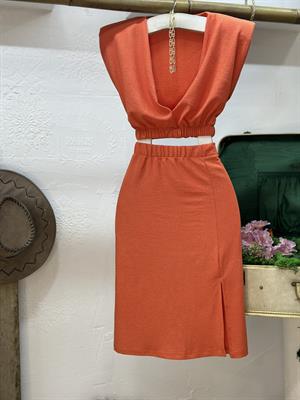 Jakarlı Kumaş Renkli Vatkalı Bluz Etek İkili Takım