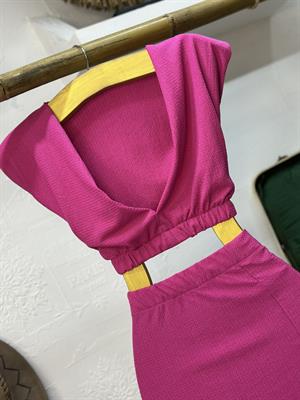 Jakarlı Kumaş Renkli Vatkalı Bluz Etek İkili Takım