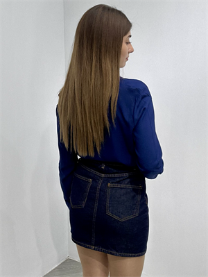 Jean Kumaş Bel Detaylı Etek Mavi