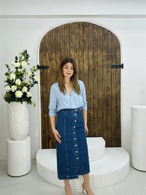 Jean Kumaş Düğme Detay Kalem Etek 