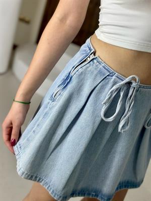 Jean Kumaş Fiyonk Detay Pileli Mini Etek