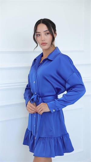 Jenifer Crep Kumaş Eteği Fırfırlı Kuşaklı Gömlek Elbise