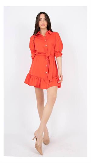 Jenifer Crep Kumaş Eteği Fırfırlı Kuşaklı Gömlek Elbise