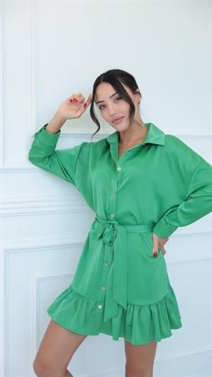 Jenifer Crep Kumaş Eteği Fırfırlı Kuşaklı Gömlek Elbise