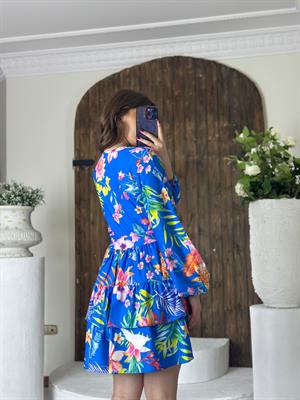 Jenifer Kumaş Çiçek Desen Kol Dekolteli Kloş Elbise