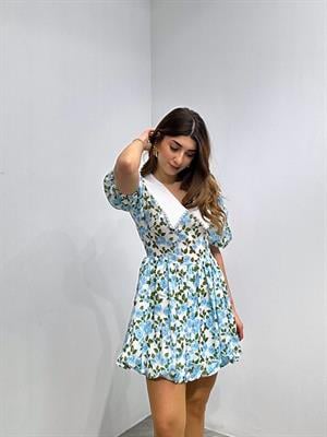 Jenifer Kumaş Çiçek Desen Yaka Güpür Detaylı Tasarım Elbise