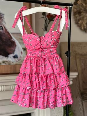 Jenifer Kumaş Çıtır Desen Kuşgözü Detay Kat Etekli Renkli Elbise