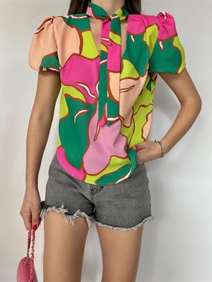 Jesica Crep Kumaş Renkli Desenli Karpuz Kol Bluz