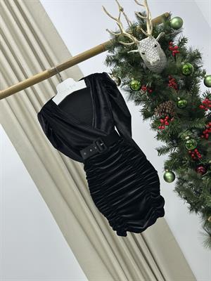 Kadife Kaplama Kemerli Drapeli Elbisemiz Siyah