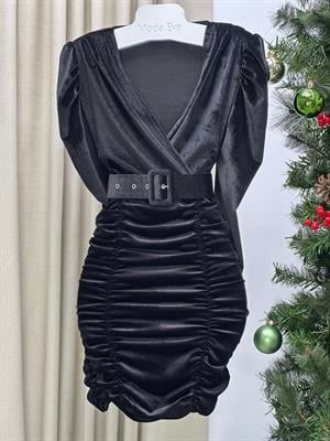 Kadife Kaplama Kemerli Drapeli Elbisemiz Siyah