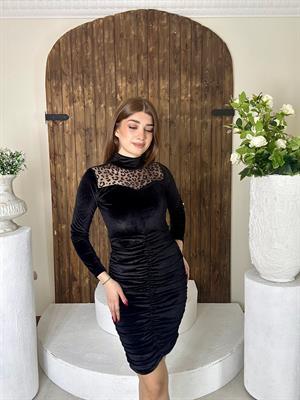 Kadife Kumaş Drapeli Flog Tül Detaylı Kalem Elbise 