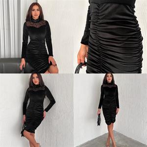 Kadife Kumaş Drapeli Flog Tül Detaylı Kalem Elbise 