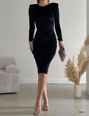 Kadife Kumaş Kolu Sim Detaylı Vatkalı Kalem Elbise 