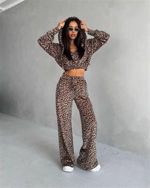 Kadife Kumaş Leopar Desen İkili Eşofman Takım Gri