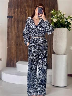 Kadife Kumaş Leopar Desen İkili Eşofman Takım Gri