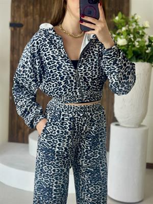 Kadife Kumaş Leopar Desen İkili Eşofman Takım Gri