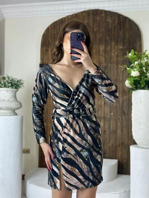 Kadife Kumaş Zebra Desen Mini Elbise