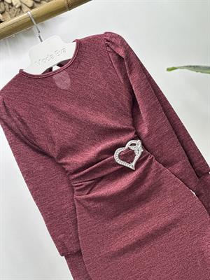 Kalp Aksesuar Detaylı Balon Kol Kalem Bordo Elbise 