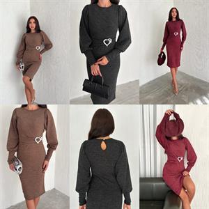 Kalp Aksesuar Detaylı Balon Kol Kalem Elbise 