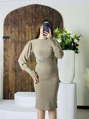 Kalp Aksesuar Detaylı Balon Kol Kalem Kahverengi  Elbise 