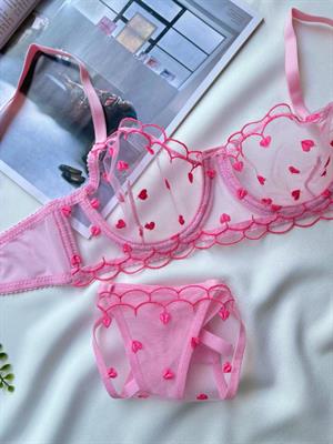 Kalp Nakışlı Balenli Tül Sütyen Takım Pudra