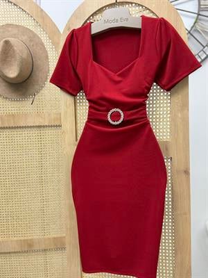 Kalp Yaka Crep Kumaş Aksesuar Detay Kalem Elbise Bordo