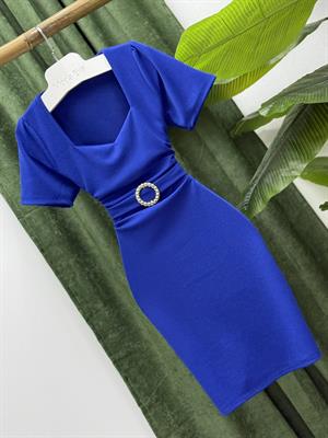 Kalp Yaka Crep Kumaş Aksesuar Detay Kalem Elbise Saks