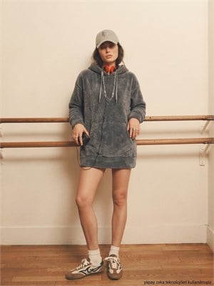 Kanguru Cepli Kapişonlu Peluş Sweat Elbise Gri