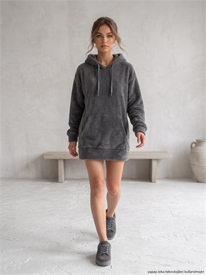 Kanguru Cepli Kapişonlu Peluş Sweat Elbise Gri