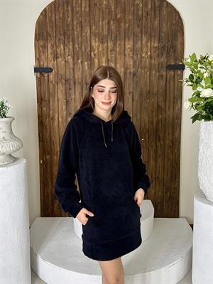 Kanguru Cepli Kapişonlu Peluş Sweat Elbise 