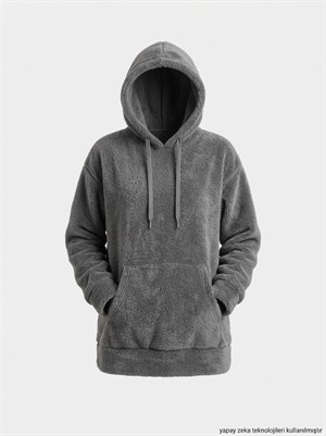Kanguru Cepli Kapişonlu Peluş Sweat Elbise Gri