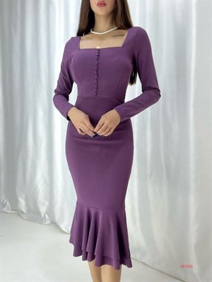 Kaplama Düğmeli Eteği Volanlı Midi Balık Elbise