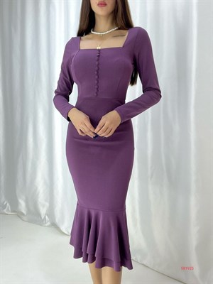 Kaplama Düğmeli Eteği Volanlı Midi Balık Elbise