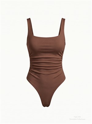 Kare Yaka Bodysuit Kahverengi