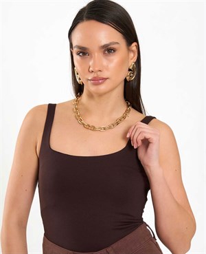 Kare Yaka Bodysuit Kahverengi