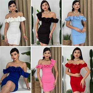 Atlas Kumaş Omuzlar Volanlı Tasarım Mini Elbise