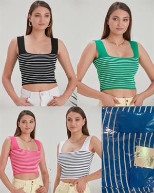 Kare Yaka Çizgili Triko Bluz 