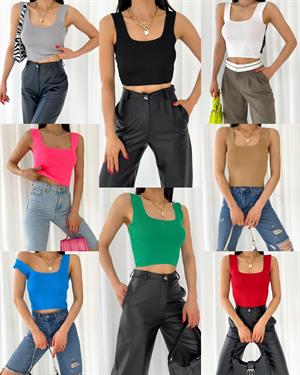 Kare Yaka Renkli  Triko Bluz 