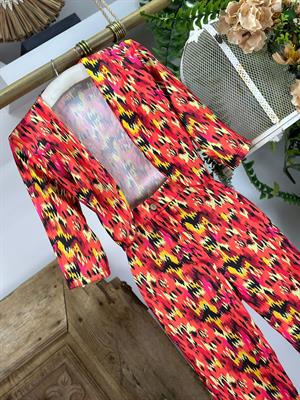 Karışık Renkli Retro Desenli Pantolon Ceket İkili Takım