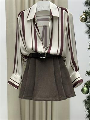 Kaşe Kumaş Kemerli Pileli Şort Etek Kahverengi